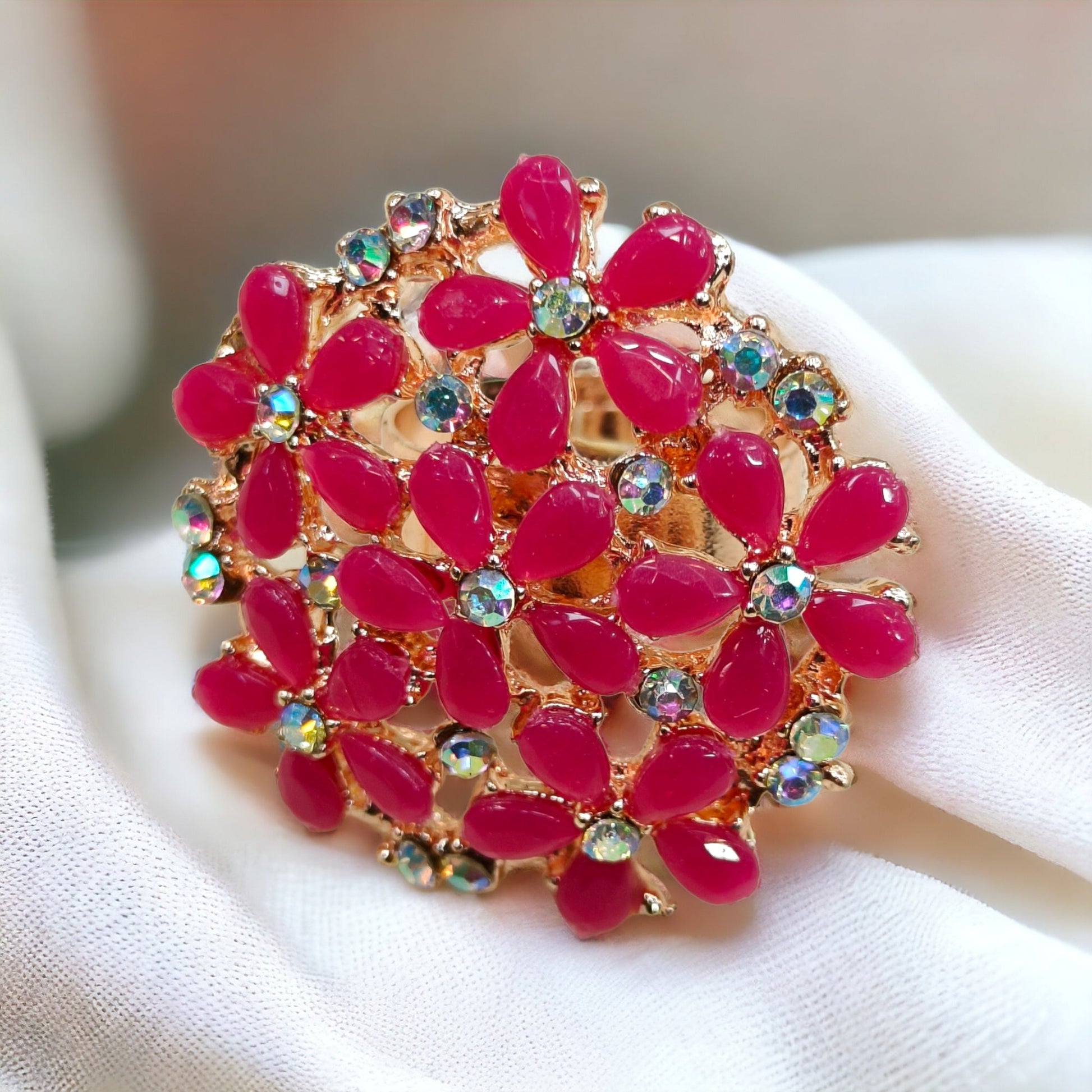 Stylish Deep Pink Kundan & Crystal Free Size Ring-Kalash Cards